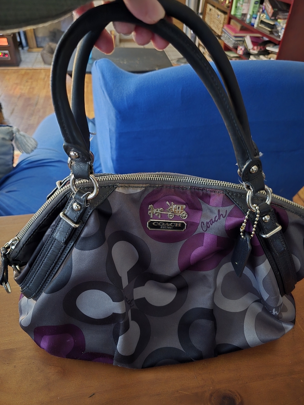 Coach Madison, Sophia Bag-Gray & Purple Signature Satchel with Black Handles